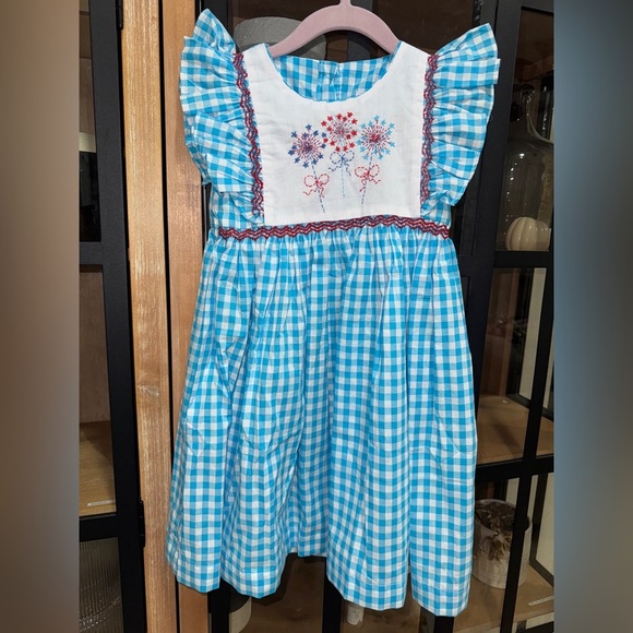 NWT fireworks dress embroidered smocked gingham avignon usa 4th of july toddler - Picture 2 of 6